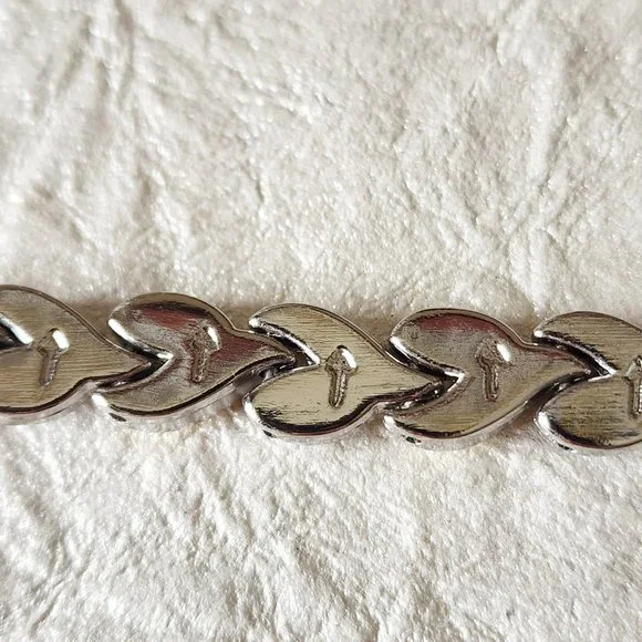 Tennis Link Bracelet Silver Gold Two Tone Hearts Mid Century Modernist 7" Gift - Picture 6 of 9